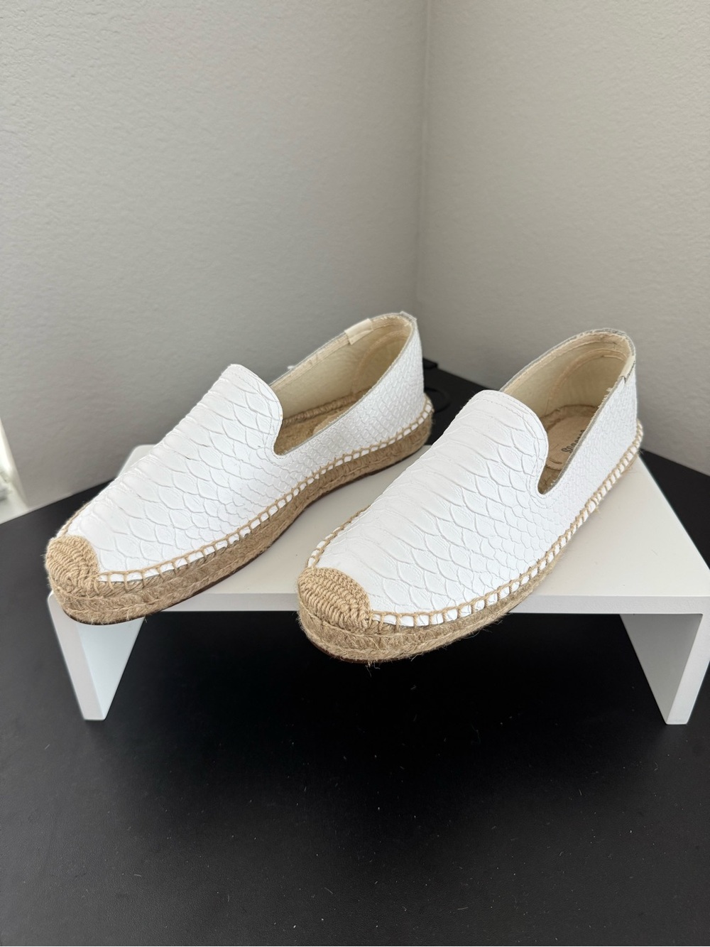 Soludos White Textured Slip-On Espadrilles with Natural Jute Trim